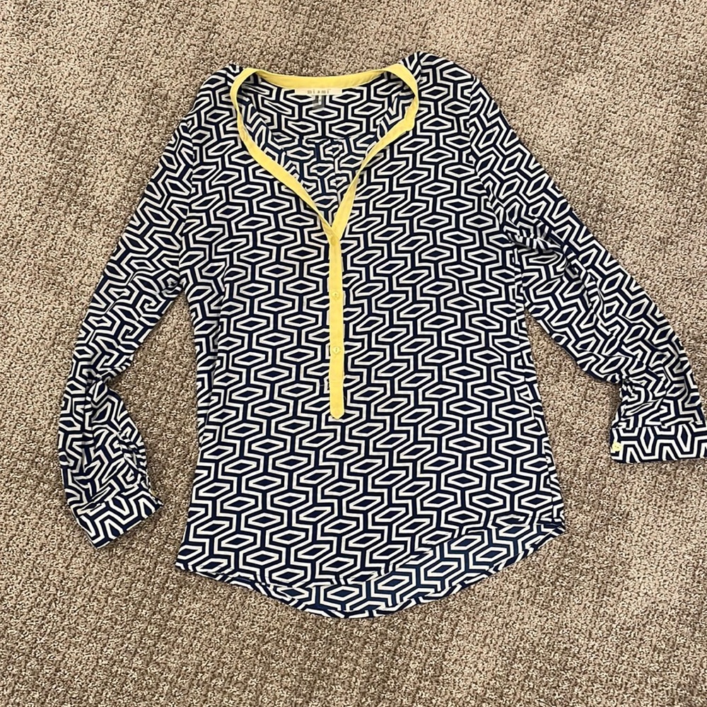 Blue blouse with yellow trim
